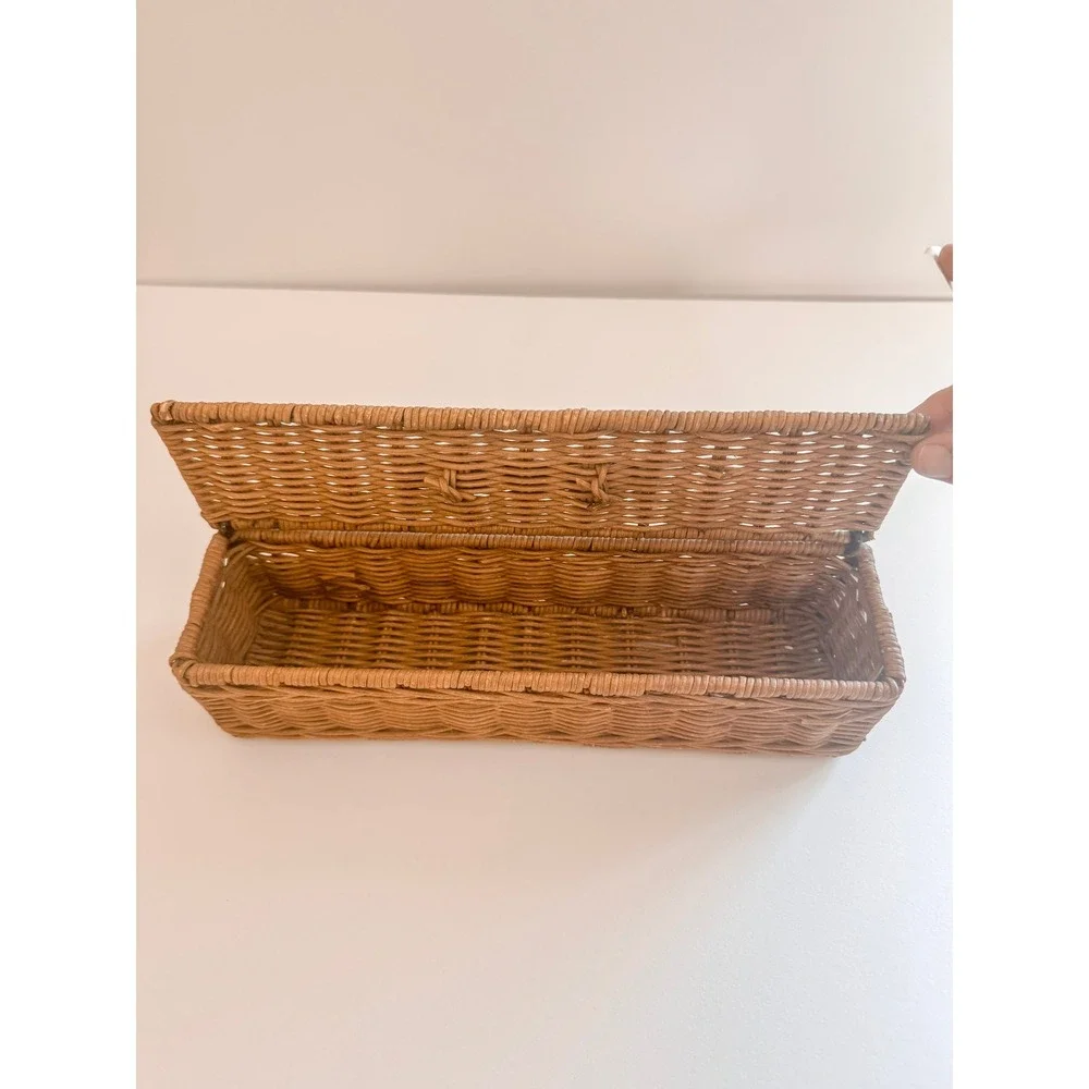 Vintage Woven Wicker Lidded Storage Box Bamboo Handle Rattan Organizer 14